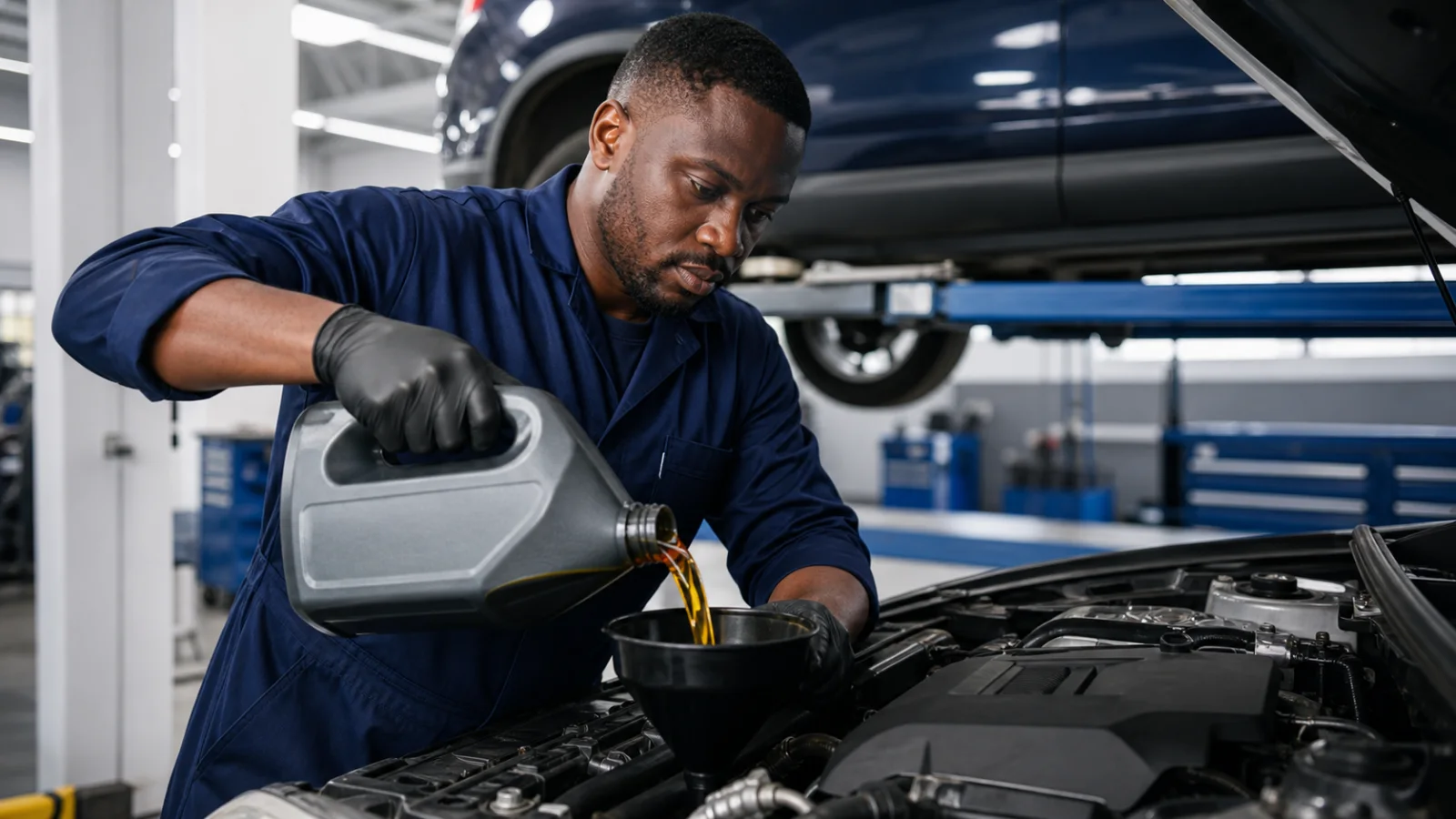 CarPlug-style workshop technician completing an engine oil service