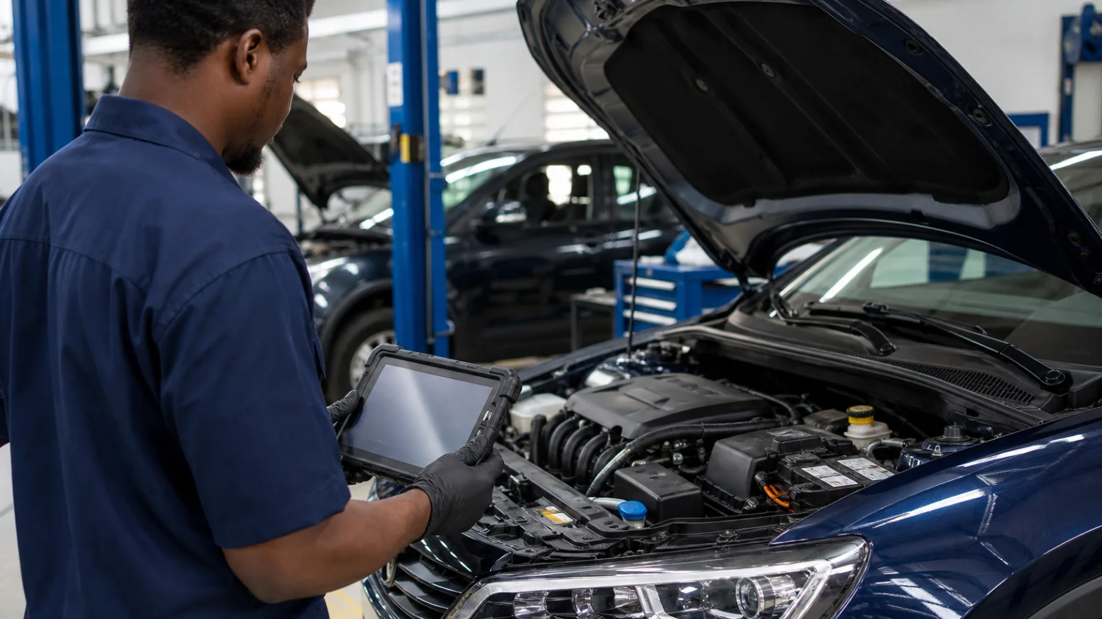 Technician checking a vehicle with professional diagnostic equipment