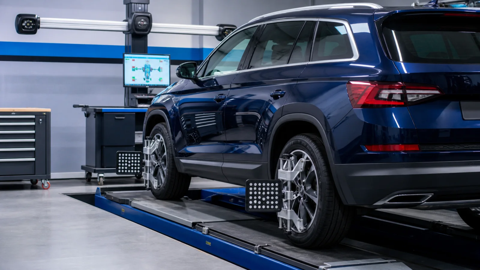 Technician performing precision wheel alignment in a modern workshop