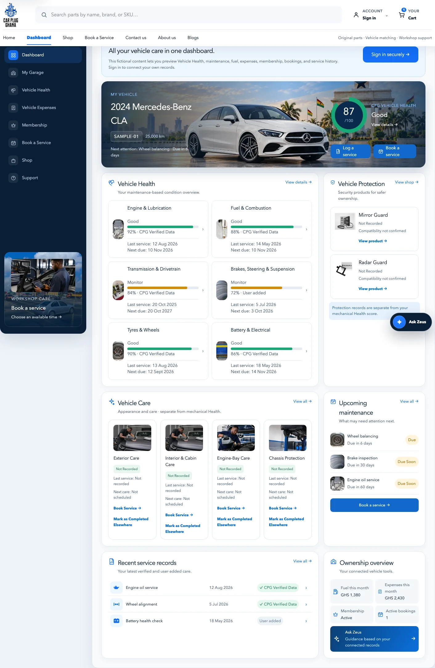 Demo CarPlug Vehicle Hub showing vehicle health, maintenance and expenses
